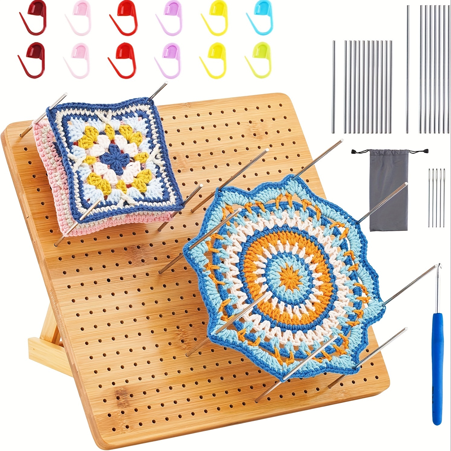 

Turmeric-colored Bamboo , 13" Knitting Mat For Crochet Patterns And Granny Squares, Handmade Craft Kit With 20 Stainless Steel Pins And Crochet Accessories, Christmas Theme