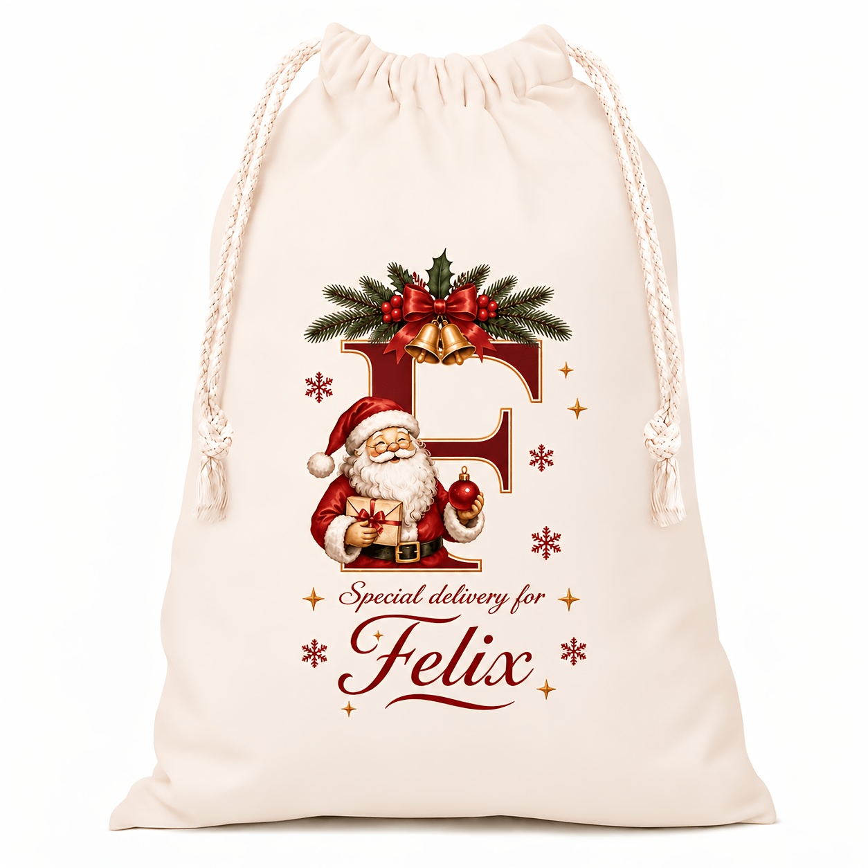 TEMU Personalized Initial Name Christmas Canvas Gift Bag, 26 English Letters , Drawstring Santa Claus Pattern Storage Bag, Customizable Name,