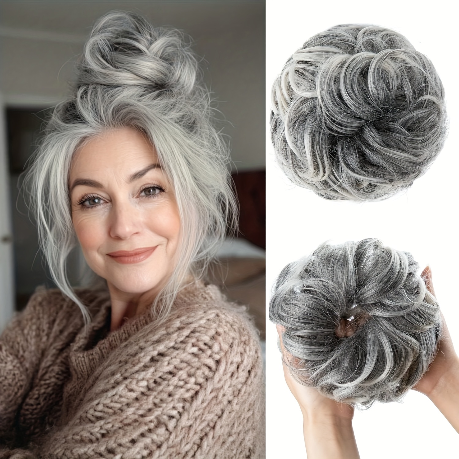 

Luxurious Gray Messy Bun Hair Piece For Women - Super Tousled Updo Scrunchie, High-temperature Synthetic Fiber, Hair Extension, All , Hair Volume Enhancement| Hair Scrunchie| Design, Hair Accessories