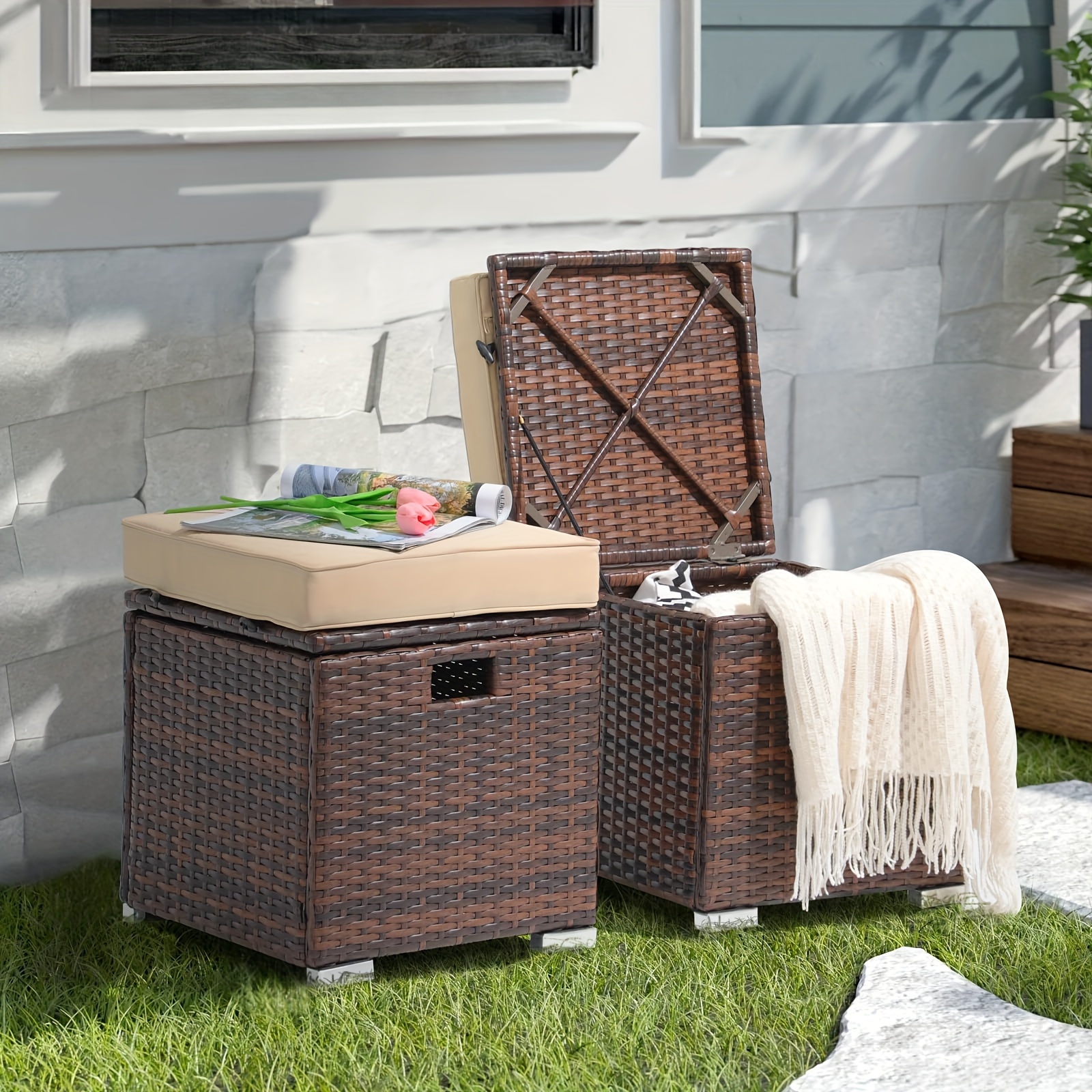 

2 Piece Outdoor Patio Ottoman Set With Cushions, All-weather Grey Pe Rattan Wicker Ottoman Storage Box, Outdoor Footrest Footstool Seat, Built-in Handle For Backyard Poolside Porch