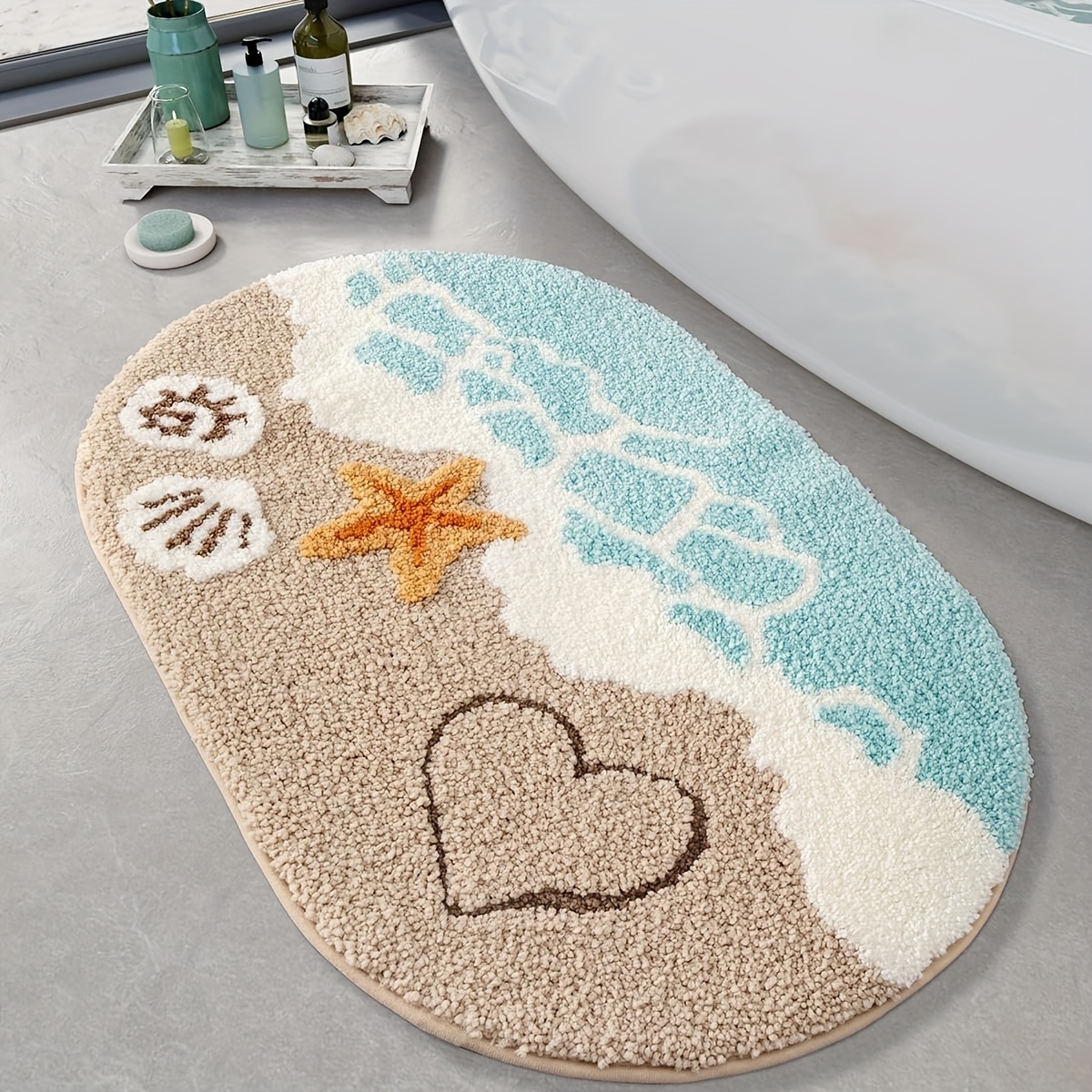 Non-slip Soft Absorbent Beach Bath Rug Suitable For Bathroom, Kitchen & Entryway - Thick Cushioned Ocean With Starfish & Shell, Machine Washable Suitable For Bath, Shower, Door Decor