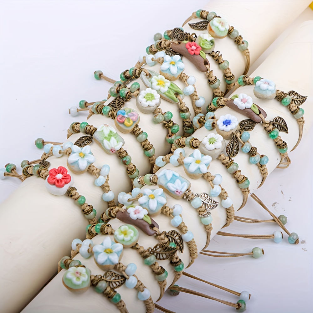 

8pcs/set Fashionable Fresh Sweet Ceramic Flower And Leaf Beaded Braided Bracelet Suitable For Women' Vacation Holiday Jewelry Party Decoration And Gift For