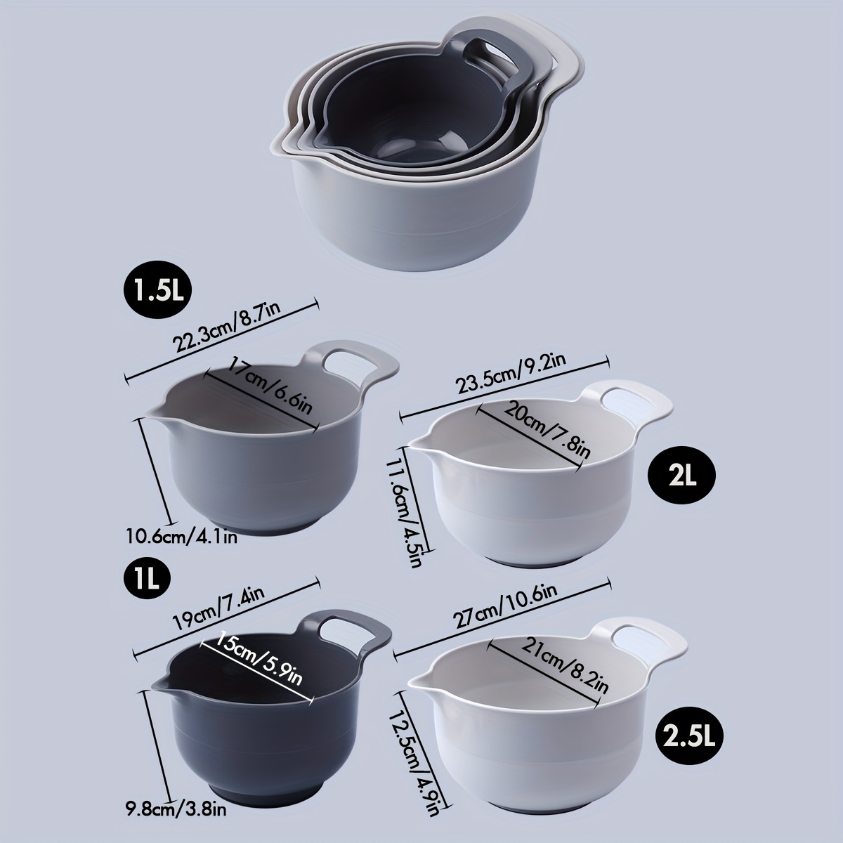 TEMU 4pcs Plastic Mixing Bowls Set, Non-slip Salad Bowl, Baking Prep Bowls, Bowls, , Various Sizes (1.1l/1.5l/2l/2.5l), Easy To Clean