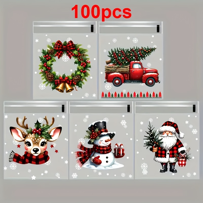 [christmas Gift Wrapping Bags] 100pcs Christmas Gift Wrapping Bags - Snowflake Holly Prints, Self-adhesive Bags For Holiday Gifts & Decor