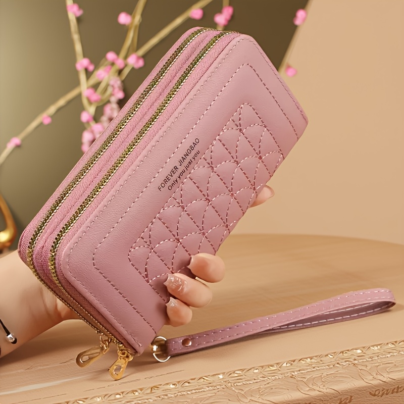 TEMU Women's Diamond Quilted Double Zipper Long Wristlet Wallet, Handbag Large Capacity Card Slot Phone Coin Purse, With Wristband. Korean Style