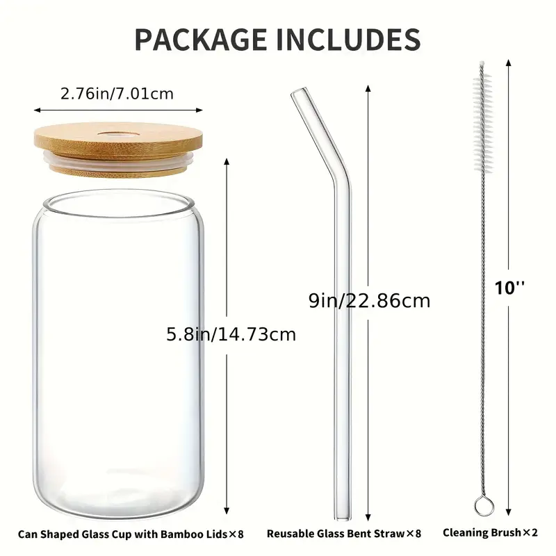 8 glass cup with bamboo lids and straws jar shaped glass cup iced coffee cup family birthday party drinking utensils cleaning brushes included suitable for juice drinks tea milk glass cups gift sets Product details 2