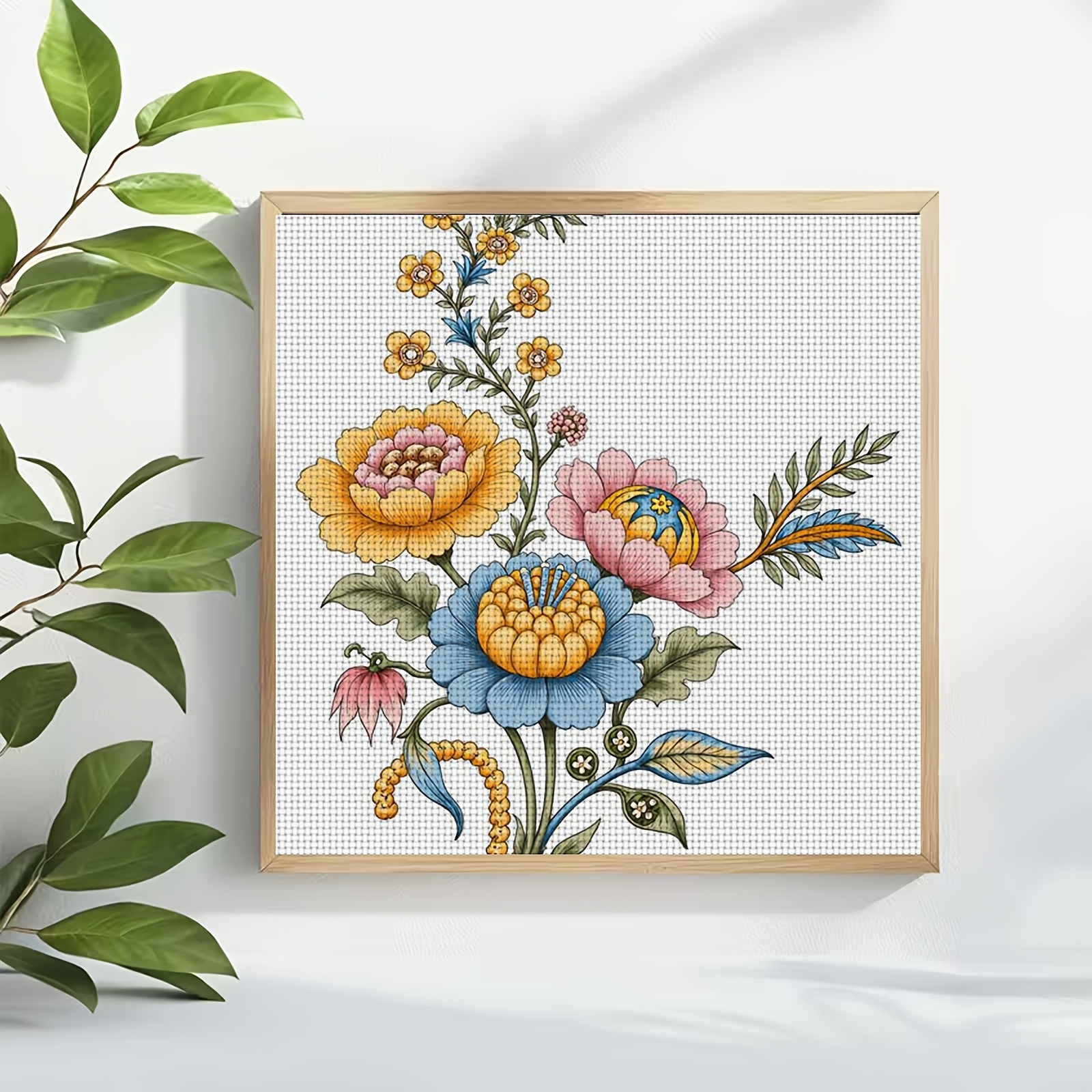 Cross Stitch Printed Kit, Frameless Colorful Floral Illustration