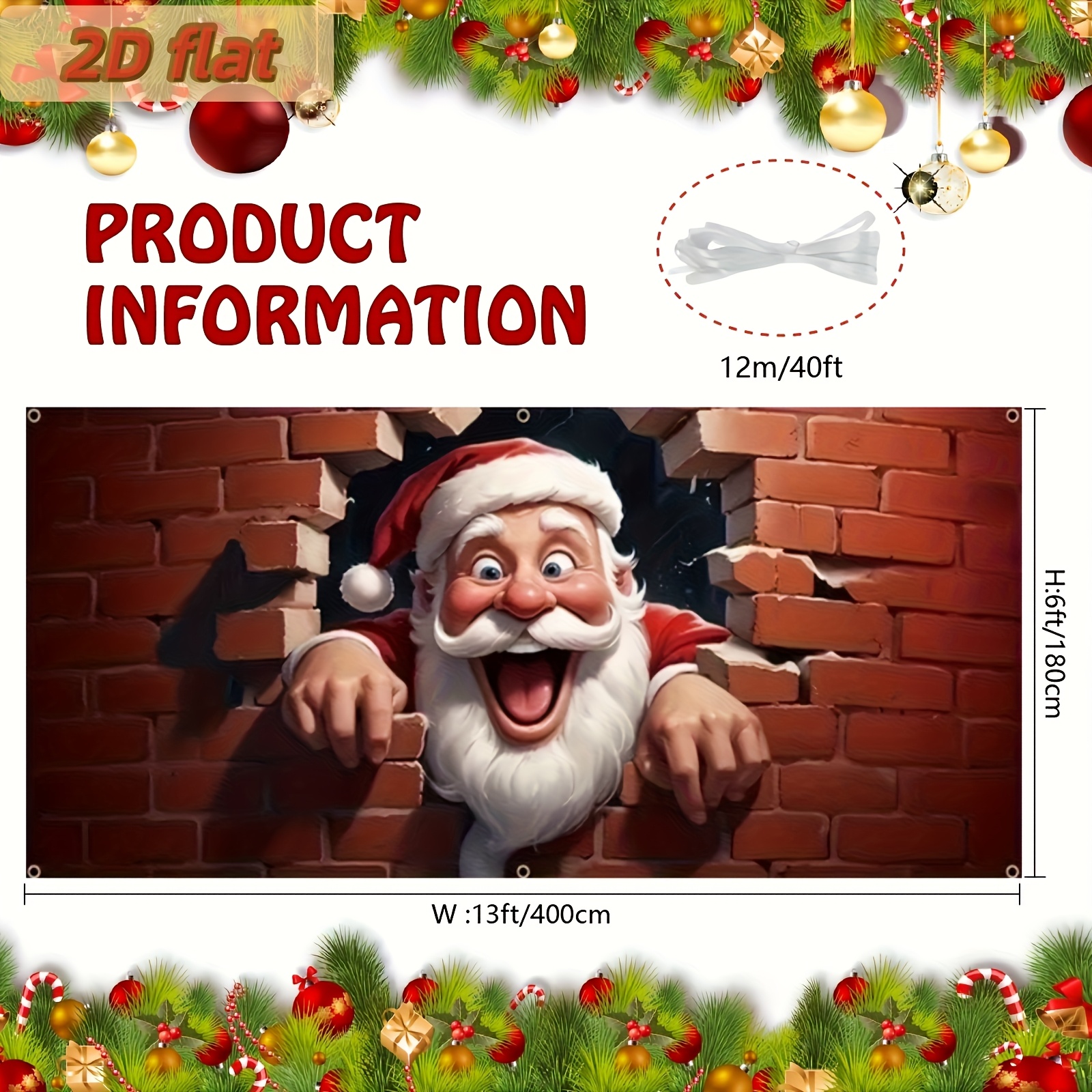 TEMU Décoration Murale Extérieure 2D Plate, Grand Fond de Garage Noël avec Père Noël et Murs Brisés - Bannière 13x6ft pour Jardin ou Soirée