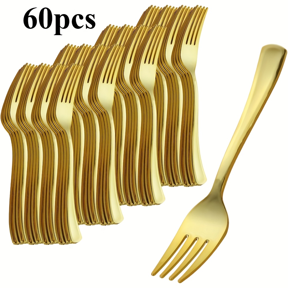60pcs, Plastic Forks Golden Plastic Forks Heavy Duty Plastic Tasting Forks Perfect For Small Appetizers And Desserts