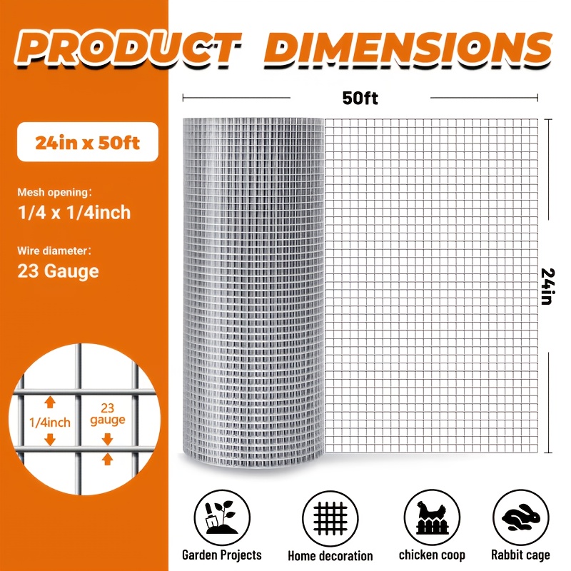 TEMU 24" X 50ft Heavy-duty Galvanized Chicken Wire Mesh Roll - Double-sided Poultry Netting Suitable For Coops, Gardens, , Pet Enclosures | Outdoor