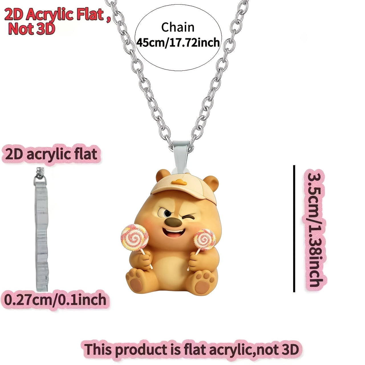 Women's 2D Acrylic Lollipop Bear Pendant Necklace, Gift for Her