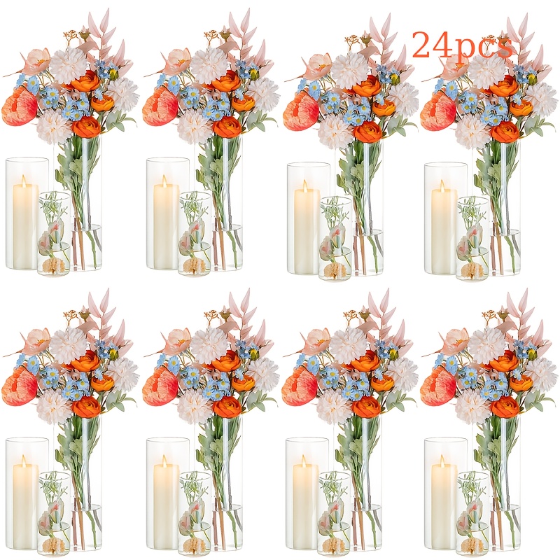 E-shop 24 Stück Glasvasen, -Kerzenhalter, transparente zylindrische Glasvasen, winddichte Glas-Kerzenhalter, -Vasen, zylindrische Kerzenhalter für