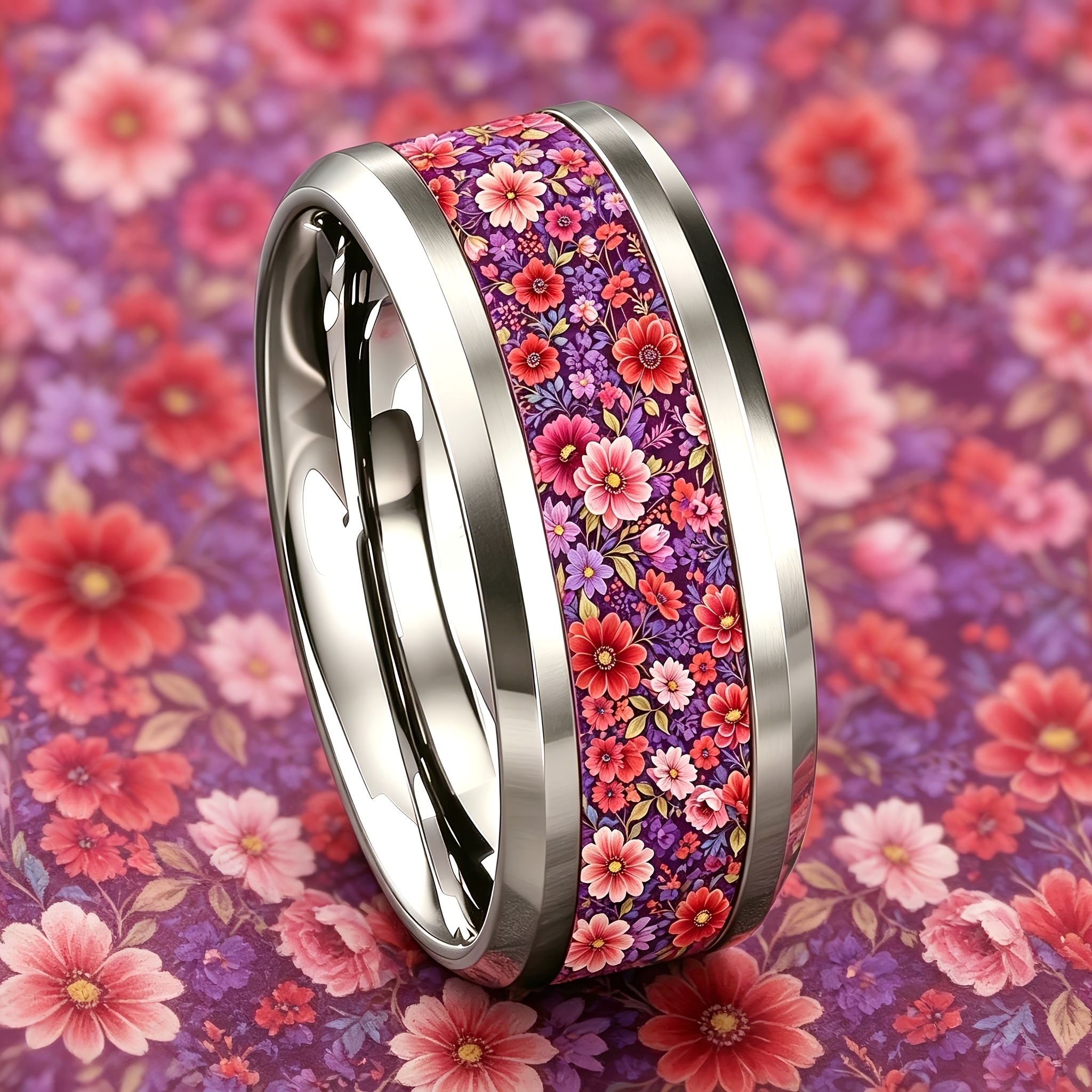 Vintage Purple Floral 304 Stainless Steel Ring