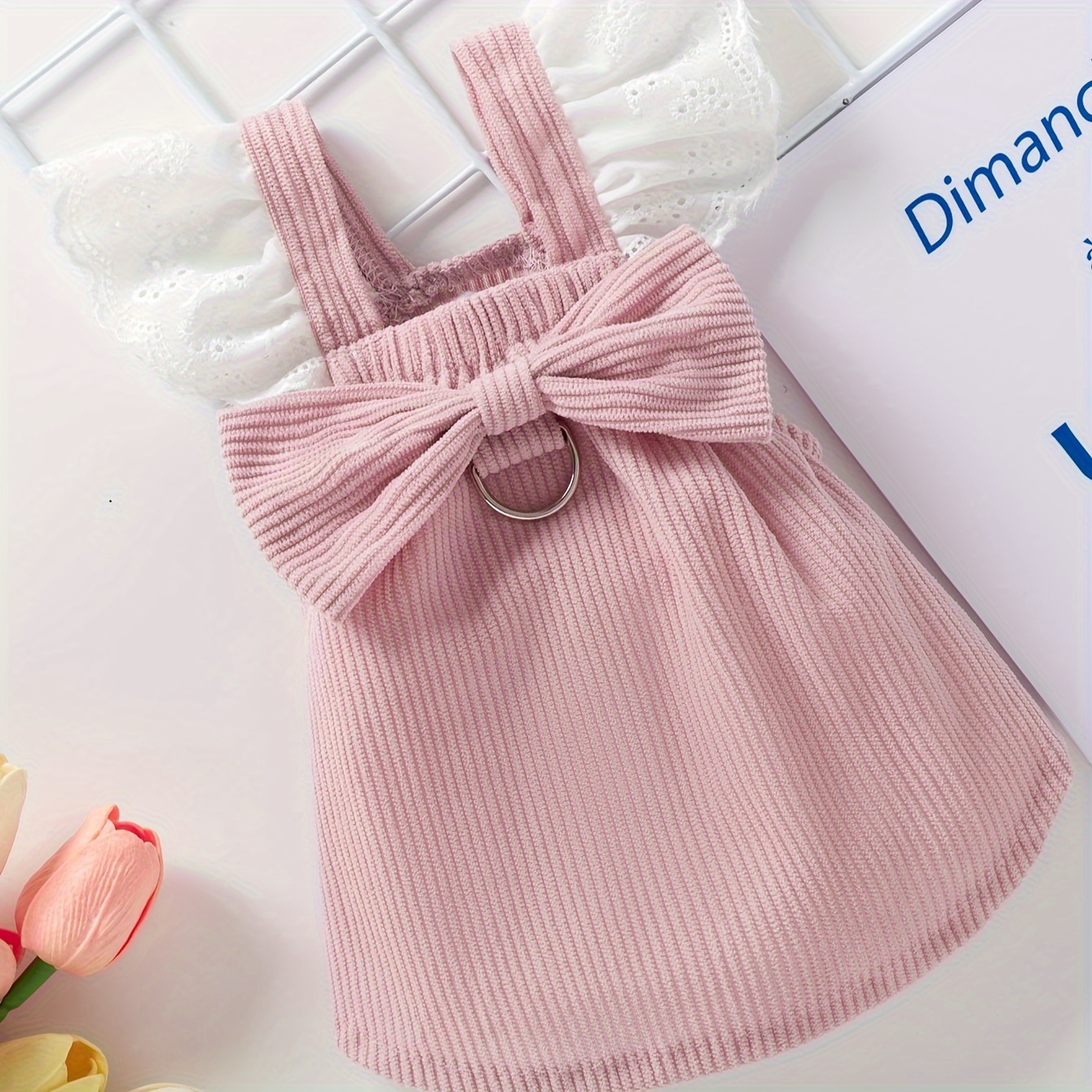 TEMU 1pc Pet Princess Dress With Bow And Leash Ring - Polyester Corduroy Dog Sundress With Lace Sleeves For Small Breeds - Pullover Pet Apparel For Autumn And Winter