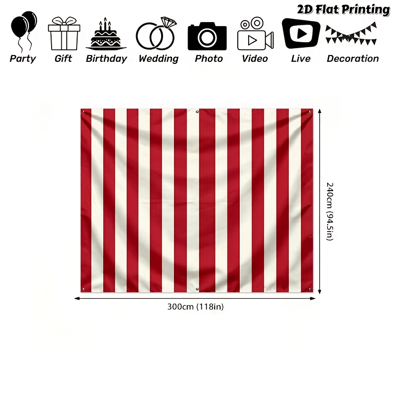 TEMU 2d Flat Printed Polyester Banner 1pc, Outdoor Sunshade Featuring A Red And White Striped Design, Perfect For Beach Vacations, Camping Trips, And