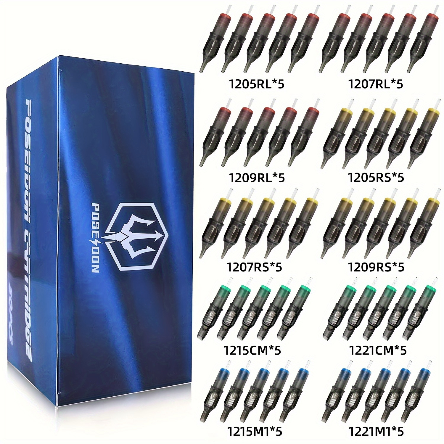 TEMU Poseidon Tattoo Cartridge Needles 50pcs Assorted Mixed Size Curved/round Magnum 12 Standard 5cm 7cm 9cm 11cm 13cm 15cm 17cm 19cm 23cm/rm
