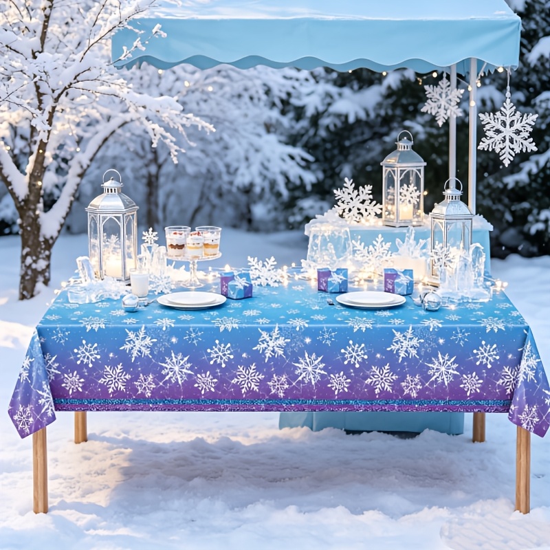 TEMU 1pc Blue And Purple Snowflake Party Tablecloth, Disposable Winter Snowflake Party Tablecloth, Suitable For New Year And Winter Birthday Party