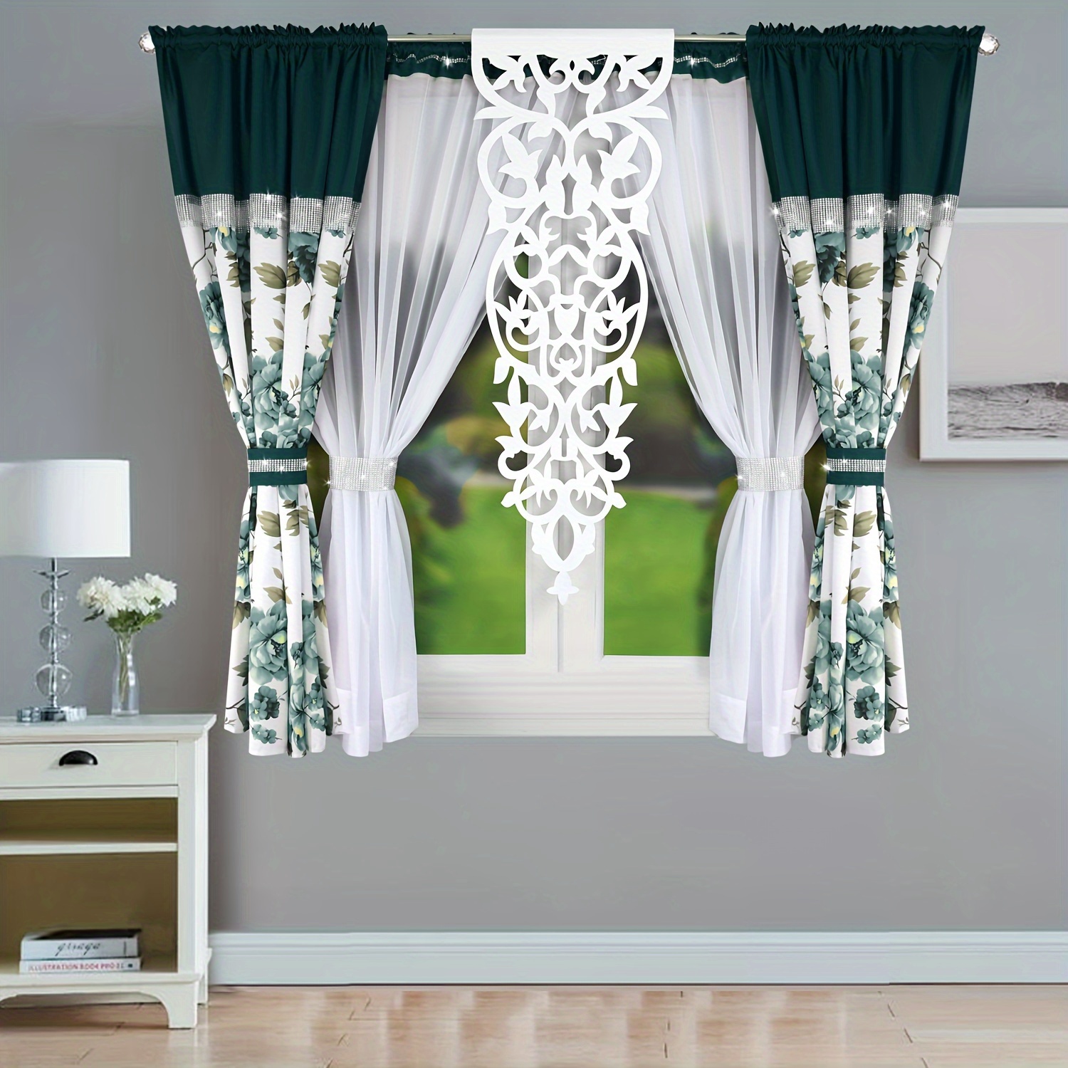 Image of 1set Fhflyinghome Lam361x Model Carved Hollowed-out Thread Diamond Printing Color Matching Curtain Curtain Set Bedroom Living Room Curtain Festival Wedding Curtain Decoration