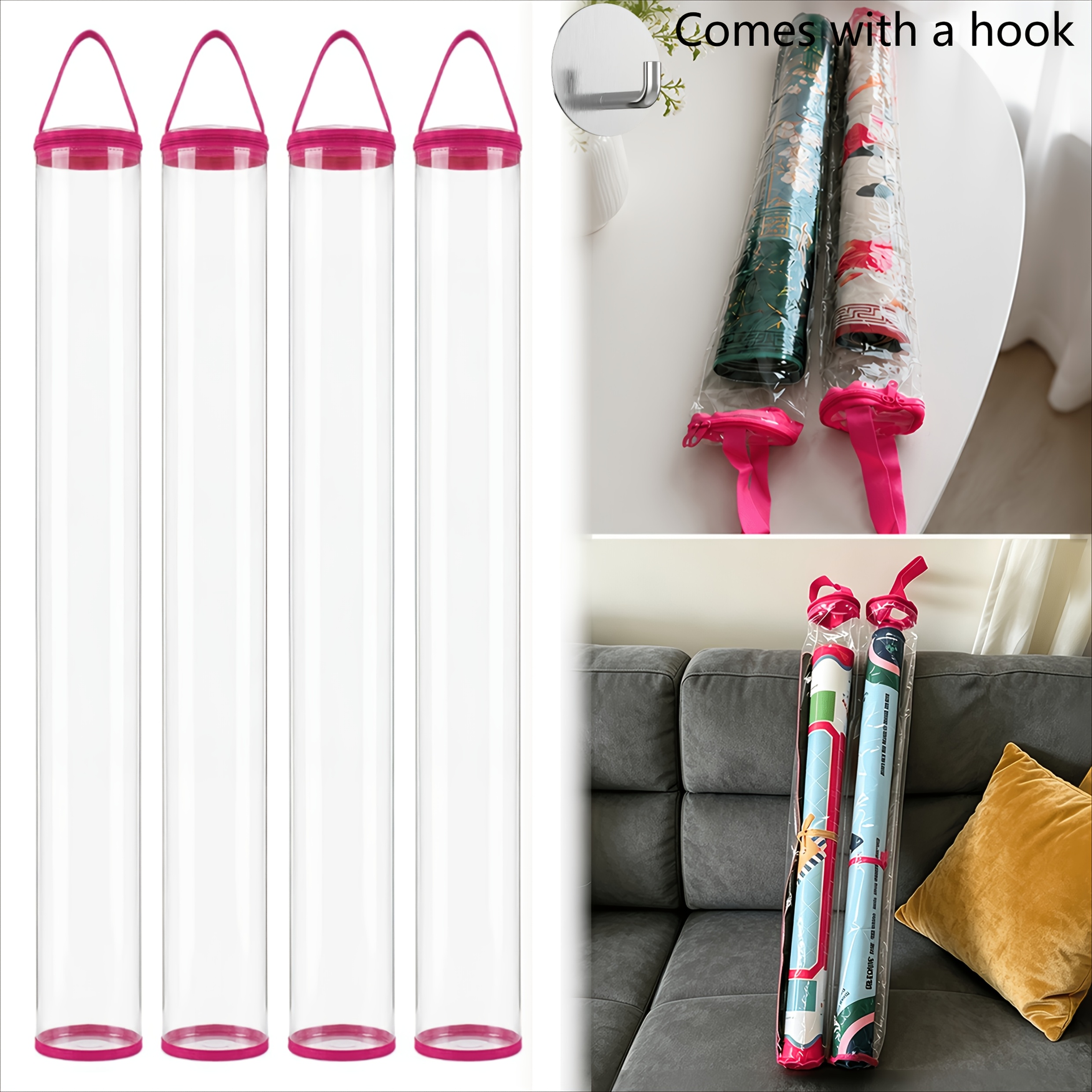 TEMU 4 Pack 34.6 Inch Mahjong Mat Tube Clear Hanging Bag (rose Red) Mattress Storage Bag