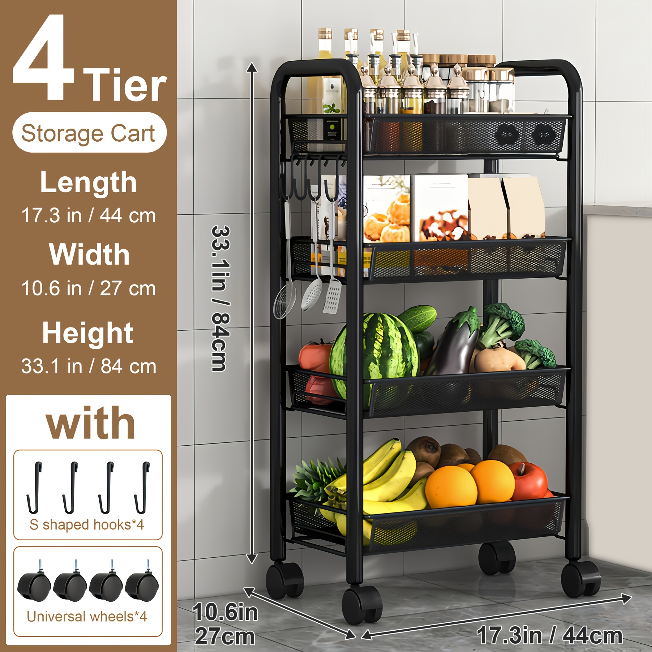 Heavy-duty Metal Rolling Kitchen Cart With 3/4/5-tier Shelves, Mobile Storage Cart Suitable For Small Spaces, Assembly, Space-saving For Pantry, Apartment, - Sturdy Multi- Cart