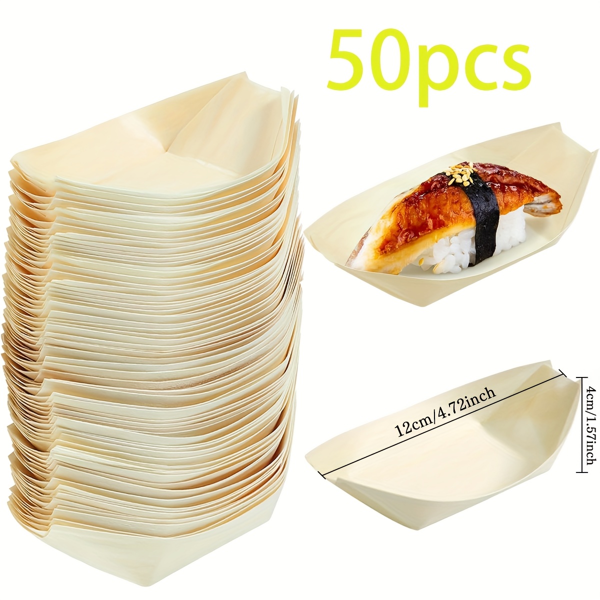 50pcs Disposable Wooden Boat-shaped Plates, 4.72 Inches, Sushi Boat Disposable Plates, Serving Trays, Food Containers, Wooden Bowls, Suitable For Catering And Home Use
