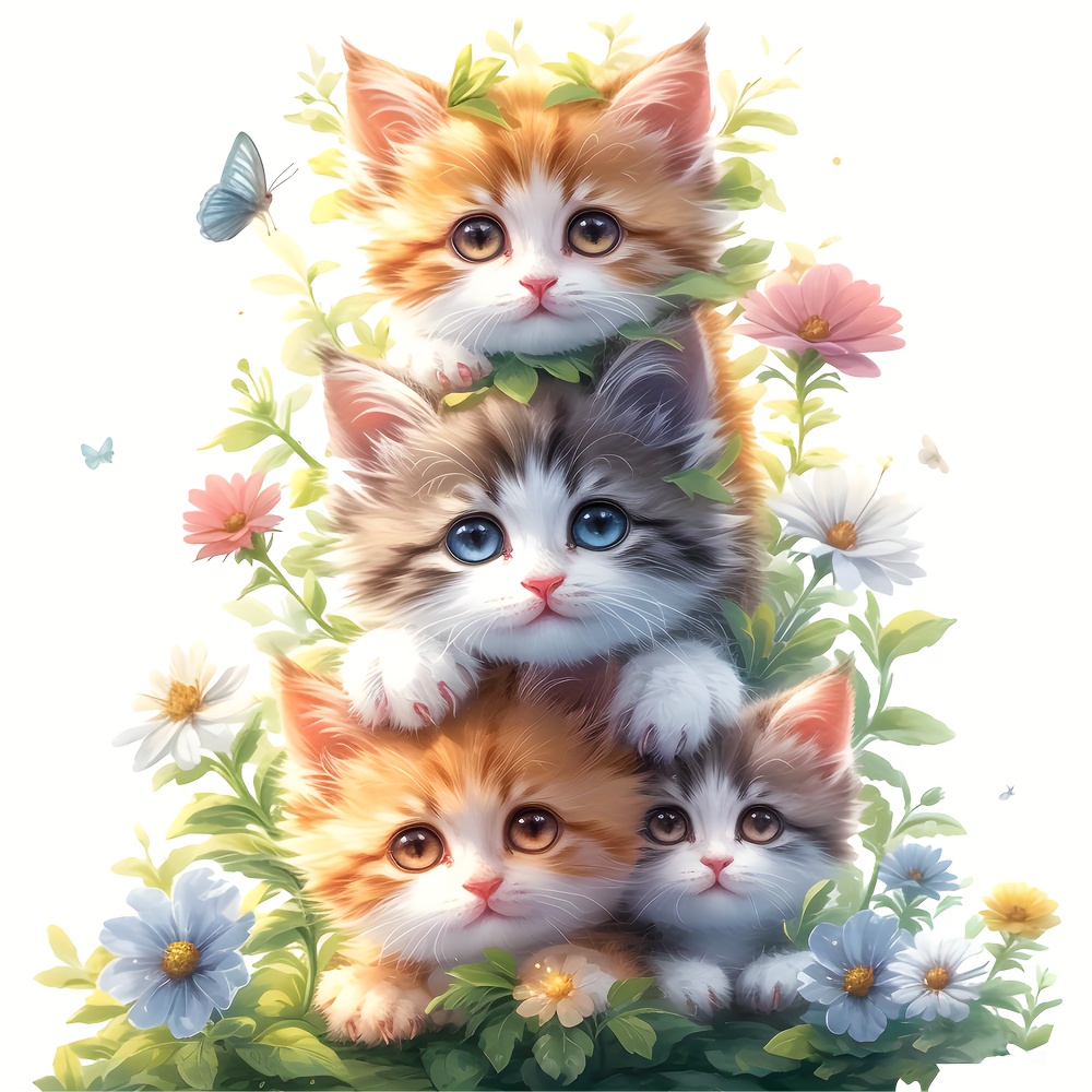 

1pc/2pcs/3pcs 4 Cute Little Flower Cats In The Flower Bushes Stickers For Men, Suitable For T-shirts, Jeans, Jackets, Backpacks, Clothing