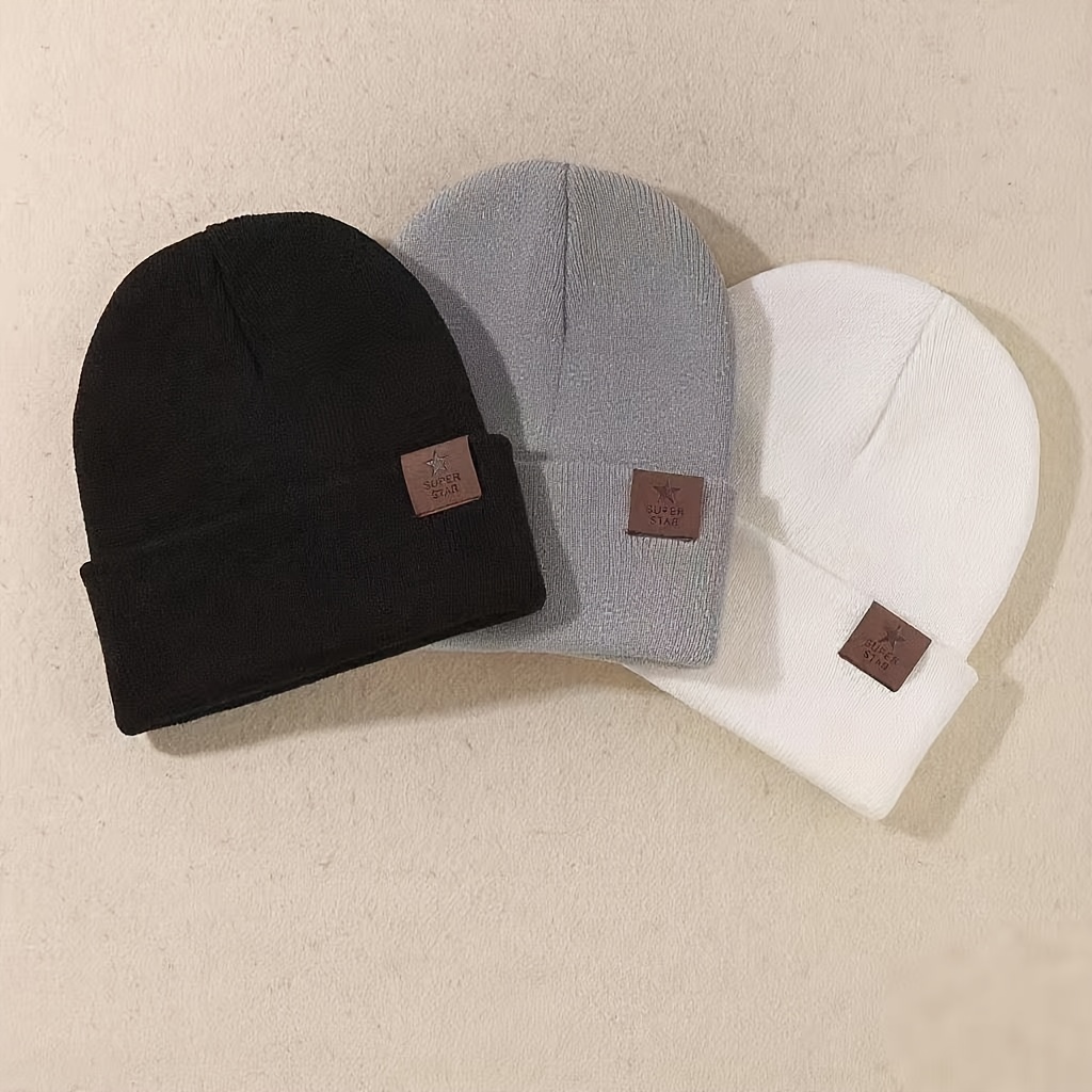 Image of 3pcs Unisex Star Patch Autumn And Winter Skull Cap Beanies Cuff Hats Caps, Roll-up Edge For Men Daily And Outdoors Beanie Hats Winter Women