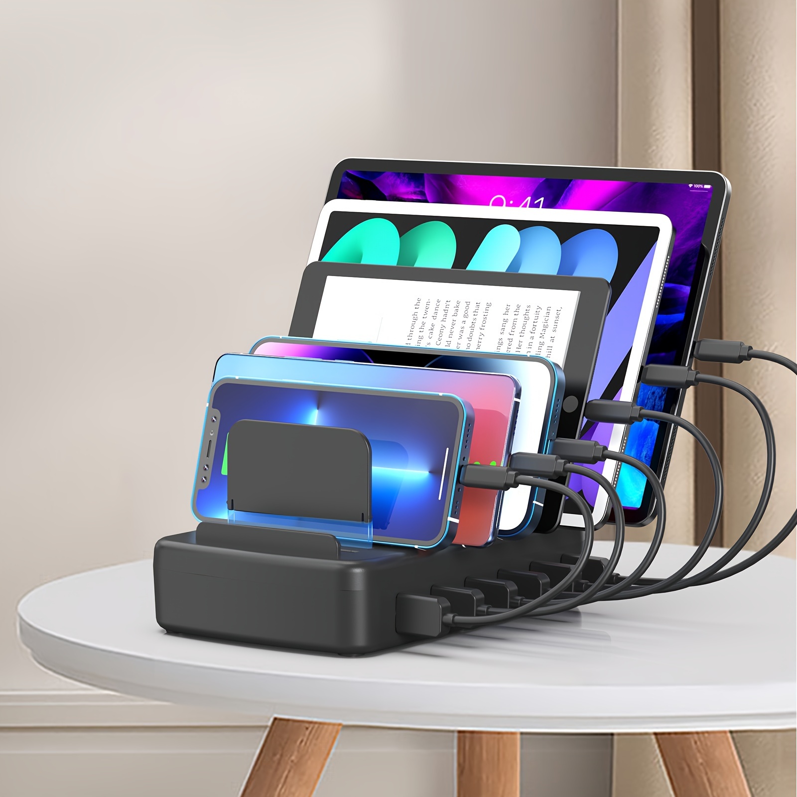 TEMU Fast Charging Station For Multiple Devices, 50w 6-port Usb Charging Station With 14 Slots, 7-detachable Dividers Can Choose Width According To
