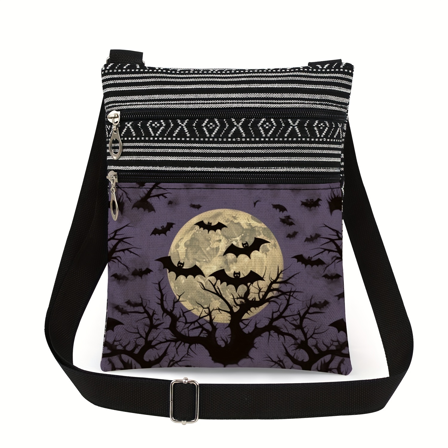 Image of Stylish Gothic Skull & Bat Print Crossbody Bag For Women - Adjustable Strap, Dual Zipper, Foldable Polyester Phone Purse - Ideal For Halloween & Travel