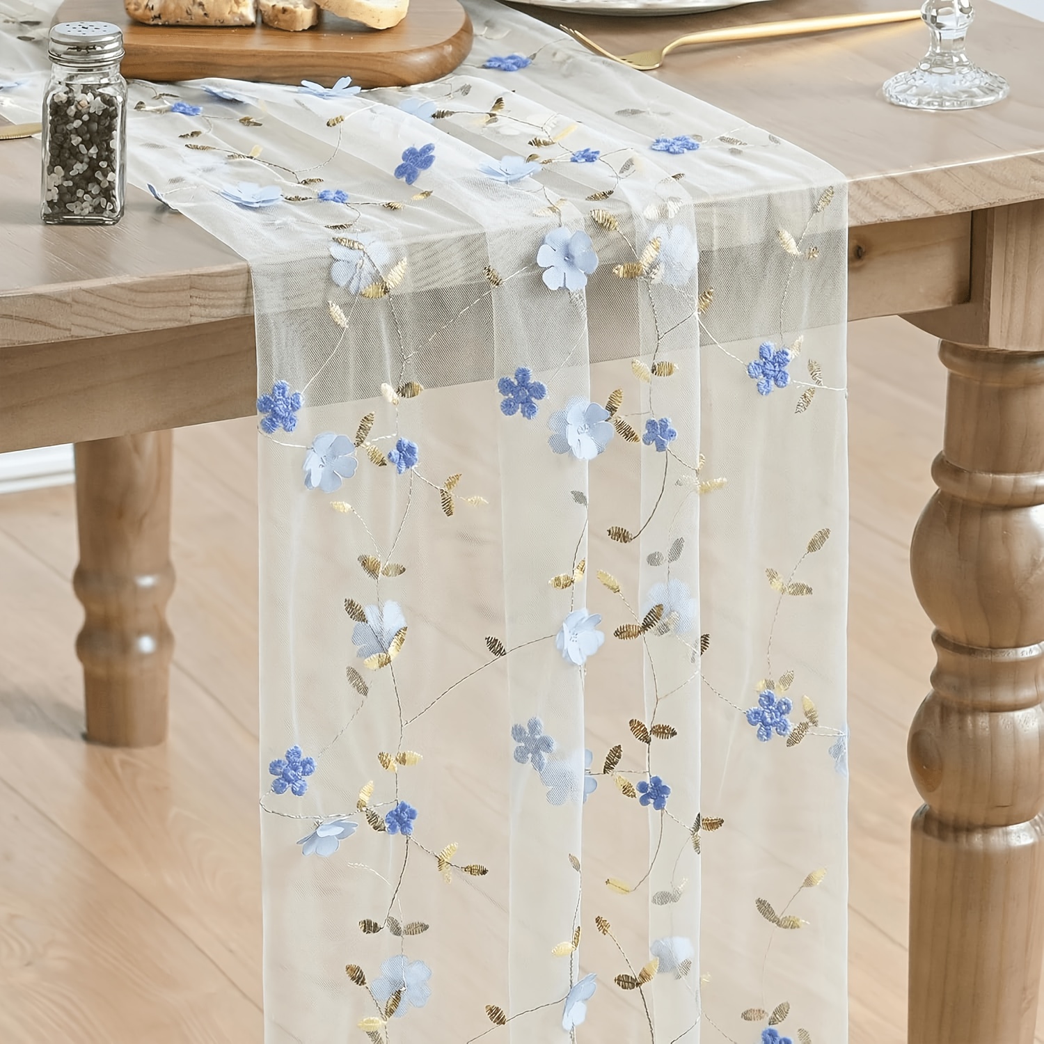 TEMU Chemin de table bleu 120 pouces (10 pieds) avec broderie 3D de fleurs en gaze, voile de tulle de printemps pour décoration de table de cuisine,