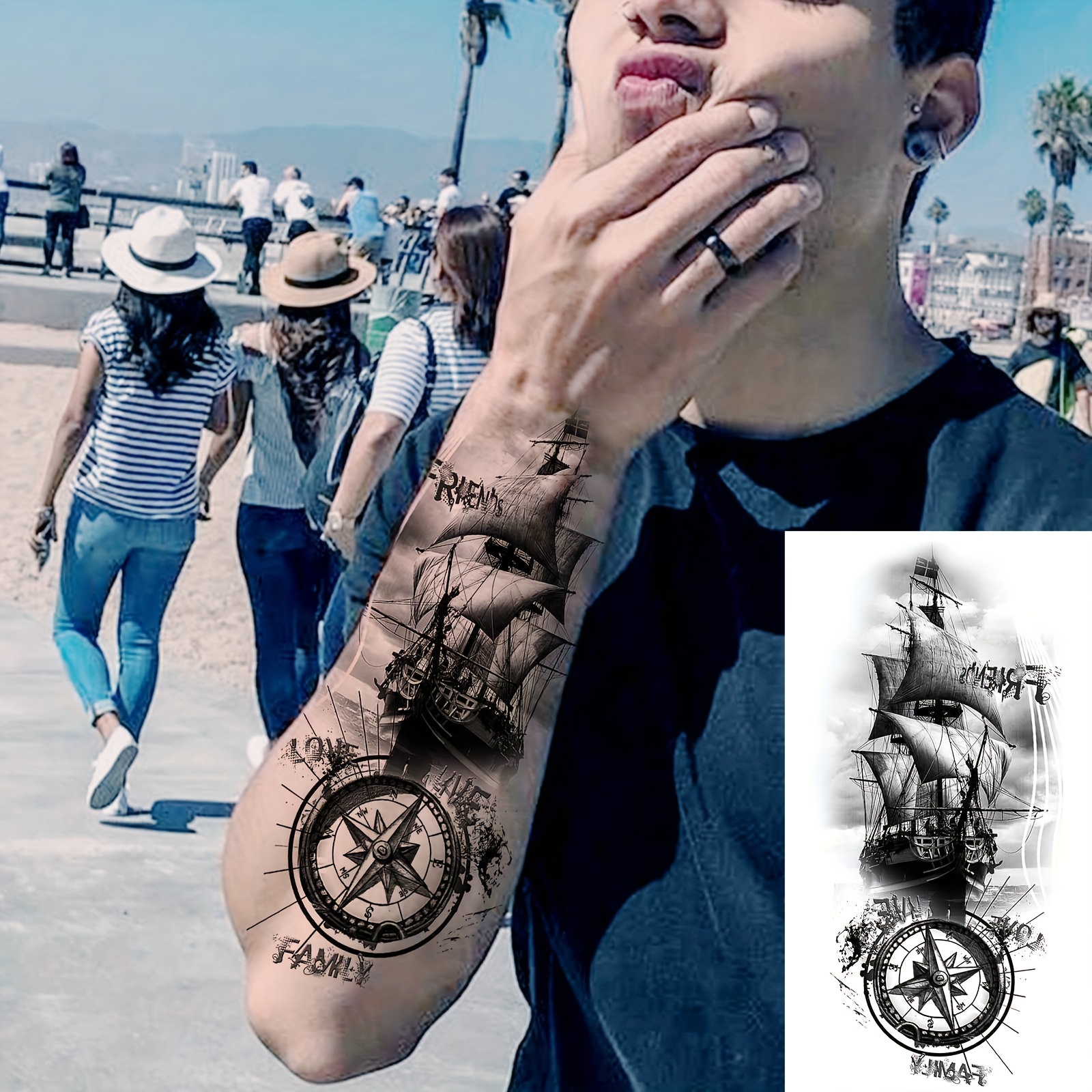 1 sheet waterproof black compass ship temporary tattoo men - Temu Mexico, image size:1600x1600