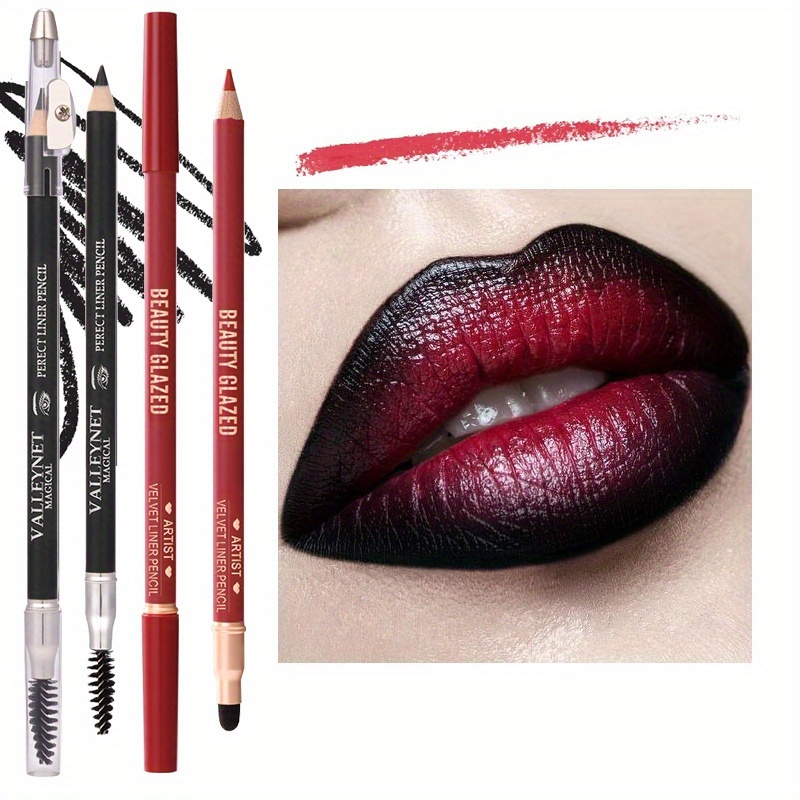 Image of 2pcs/set Dark Style Lip Makeup Set, Vampire Makeup, Matte Black Red Lip Liner With Long-lasting Waterproof Eyeliner, Black Smoky Eyeshadow, Halloween Makeup, Create A Vampire Makeup