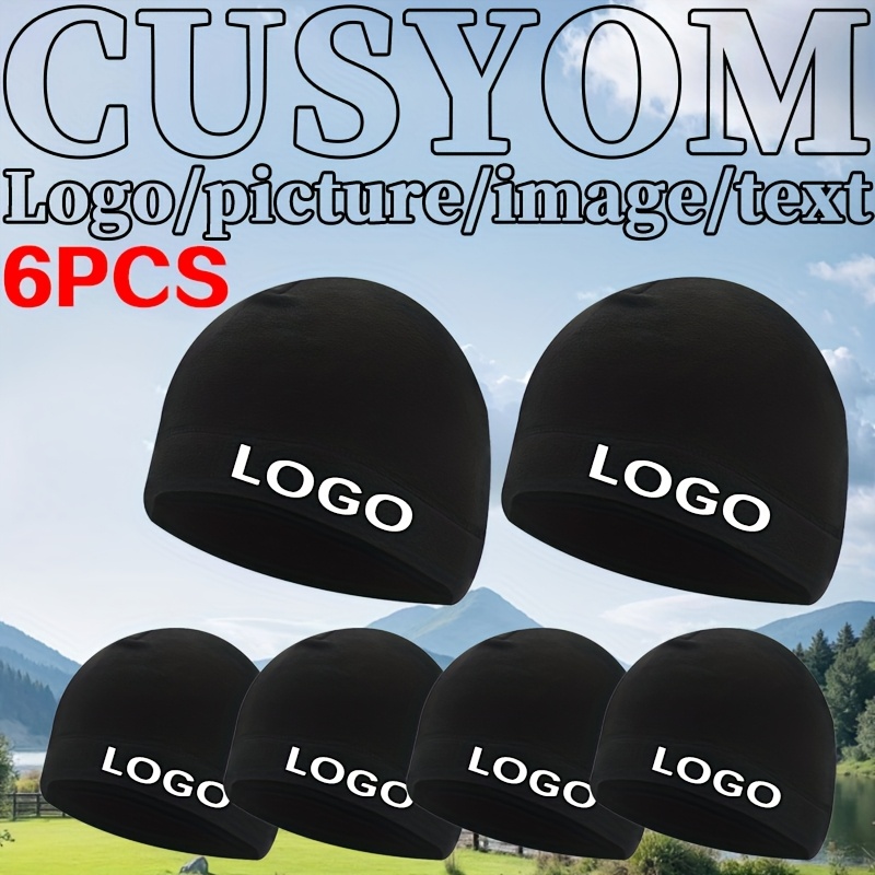 Image of 6pcs Custom Logo/text Warm Hats - Personalized Printing, Lightweight Breathable Caps Suitable For , Black With White Logo, For Sports, Outdoor, Winter, Themed Events - Machine Washable, Order