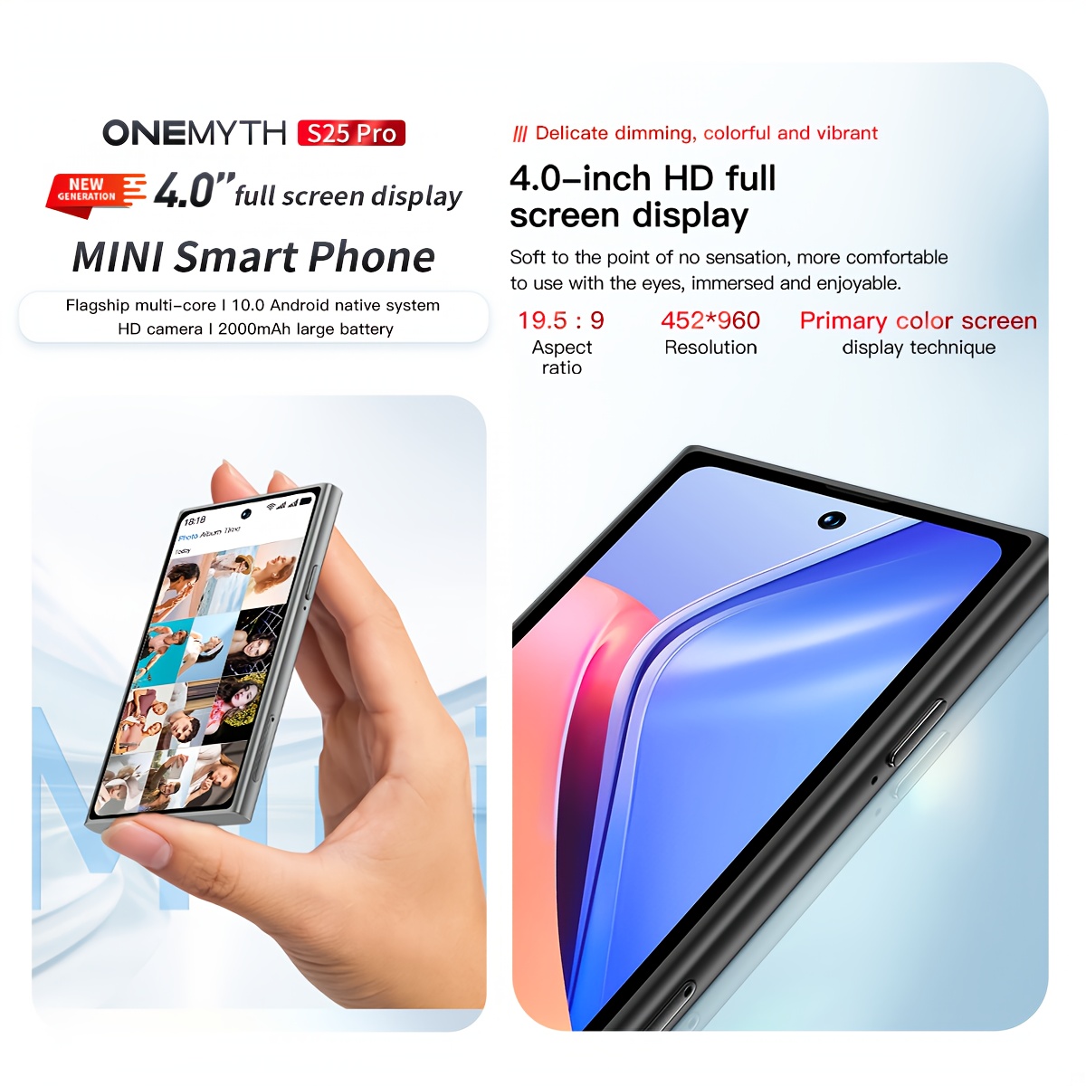 New Arrival ONEMYTH Mini Smartphone 4.0 Inch HD Display 3G Network 2000mAh Large Battery 2GB RAM 16GB ROM Max Support for 128GB TF (MicroSD) card Android 8.1 Dual SIM with Play Store Face recognition
