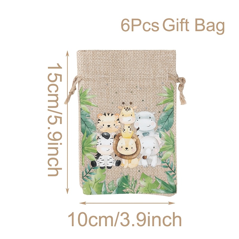 TEMU Set Of 6 Drawstring Bags Featuring A Forest Animal Theme, Designed With Images Of A Giraffe, Lion, Hippopotamus, And Elephant. Packing Bags Have