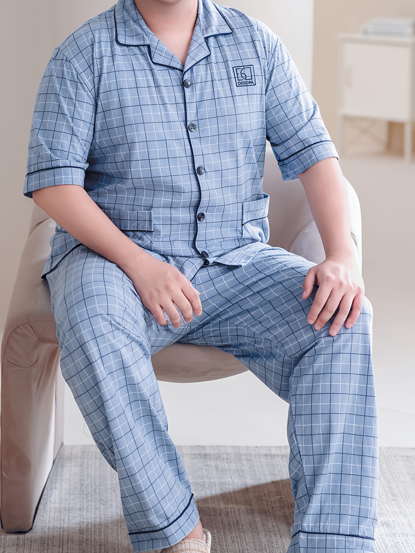 Plus Size Men's 100% Cotton Lapel Cardigan Short Sleeve Long Pants Loungewear, Soft Comfortable Breathable Home Wear, Fits Up to 154.22 KG, PLUS SIZE