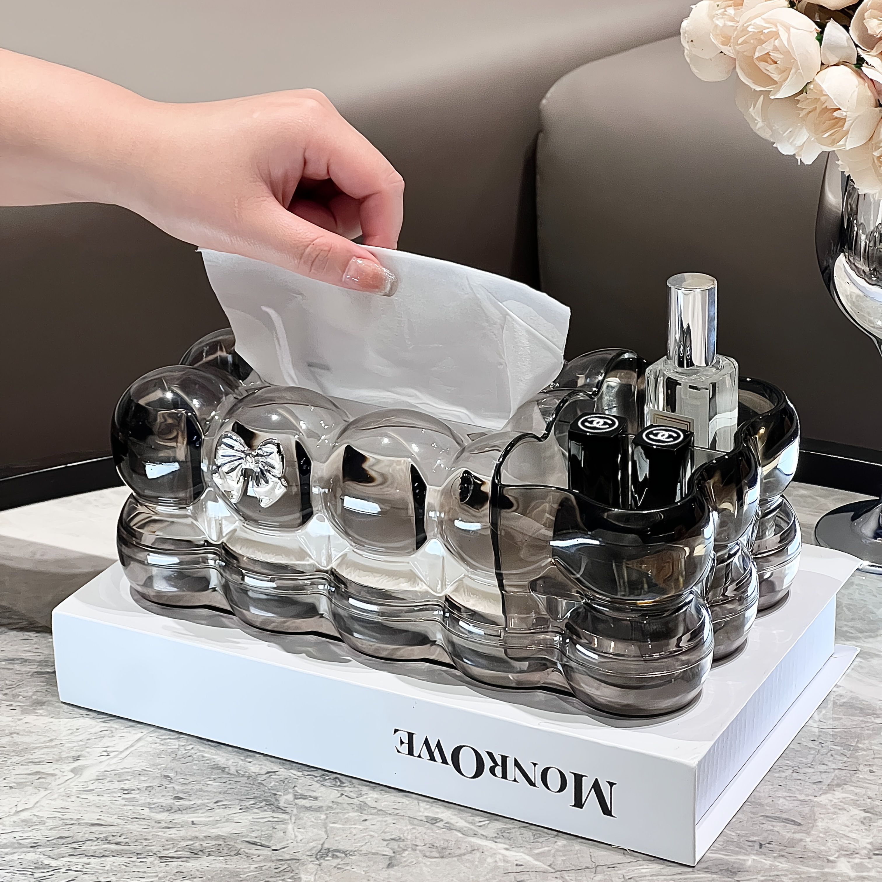 1pc elegant clear plastic tissue box holder with two storage compartments and rabbit accents cloud shaped home decor storage box for living room bedroom office kitchen and dining area storage and decor Product details 6