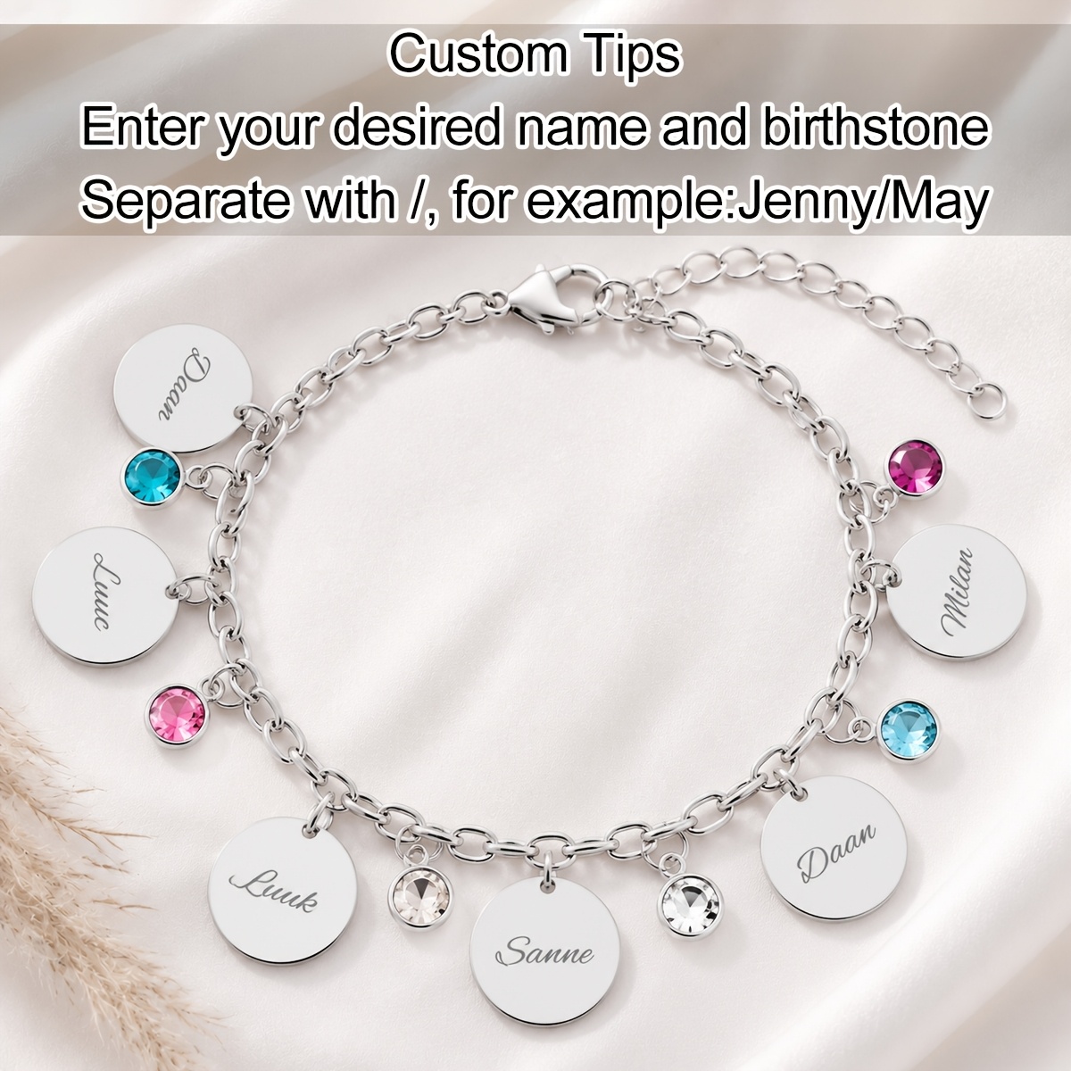 TEMU Pulsera de moda para mujer Self- 1- apellido y piedra de , pulsera personalizada para mujer con y piedra del mes de , material duradero de acero