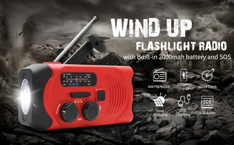 emergency crank radio with 2000mah emergency power bank am fm noaa solar powered crank wind   with sos alarm bright flashlight emergency power bank for cellphone used for outdoor emergency details 0