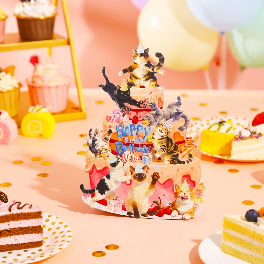 1pc 3d Pop-up Birthday Card With Cats – Happy Birthday Cake Greeting Card For Cat Lovers, Party Invitation Card