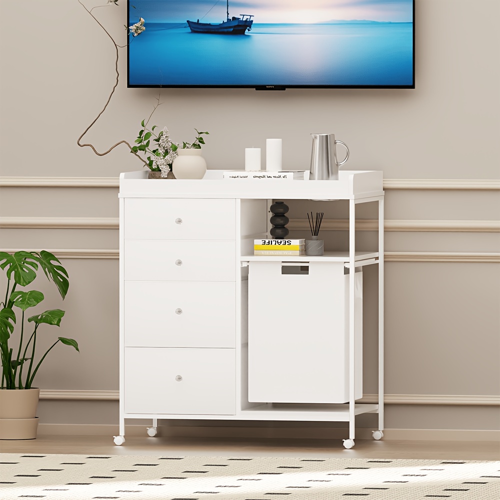 Baby Changing Dresser, 4-Drawer Baby Dresser with Changing Table Top, Diaper Changing Station & Pad, 2 Open Storage Shelves, Mobile Nursery Organizer, White