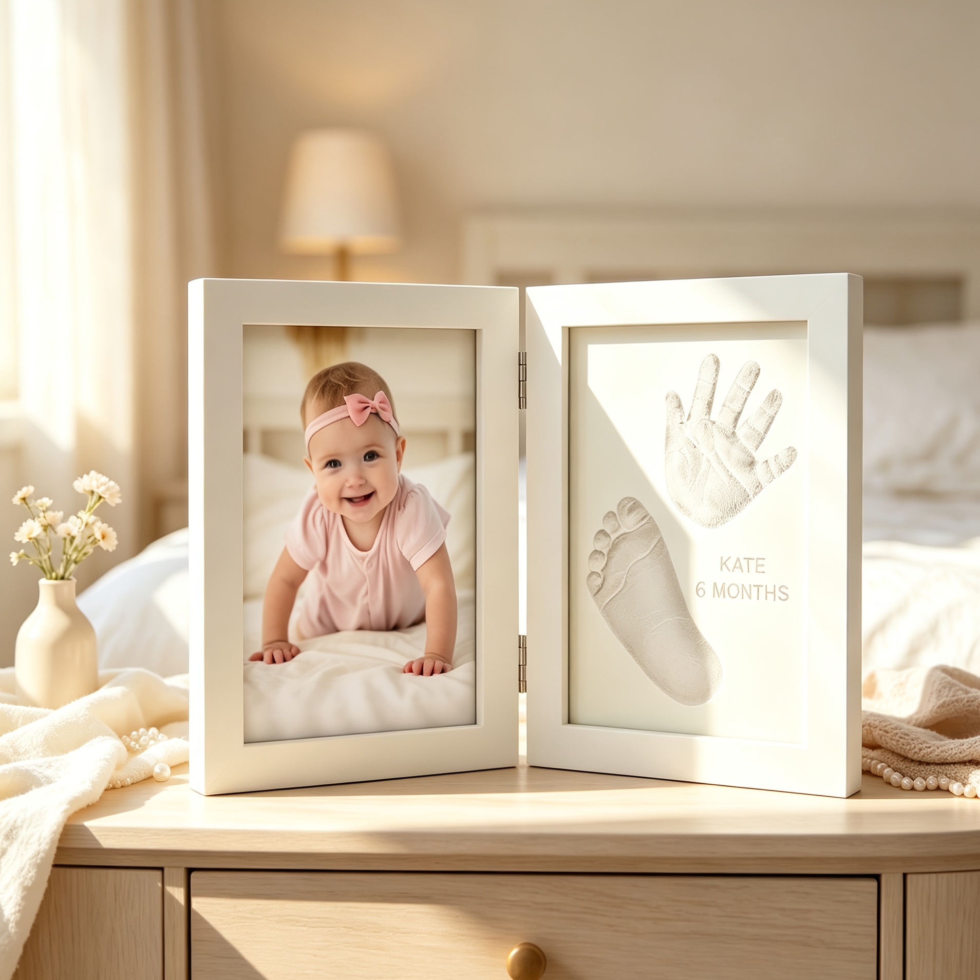 TEMU Cadre photo pliant avec pâte à modeler, adapté au kit d' de mains et de pieds de nouveau-né - Cadre de table vertical bohème, présentoir de