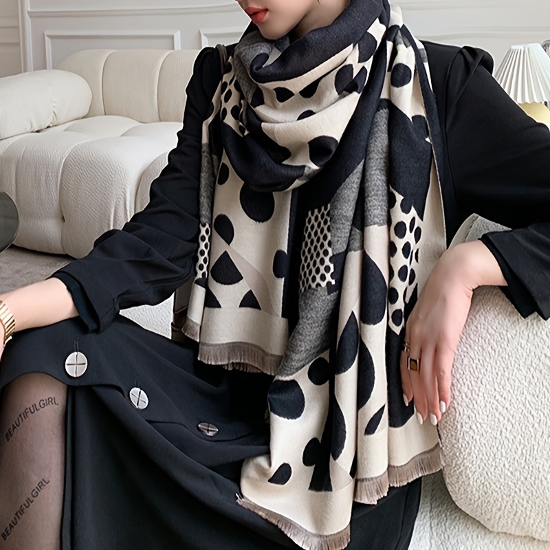 Women's Long White & Black Polka Dot Scarf - Winter Warm White Beige Grey Shawl Wrap, Soft Breathable Non-Elastic White Beige Grey Blowing-in-Wind-like-Effect (Casual & Dressy Outfits) - Versatile for Dresses, Jeans, Skirts