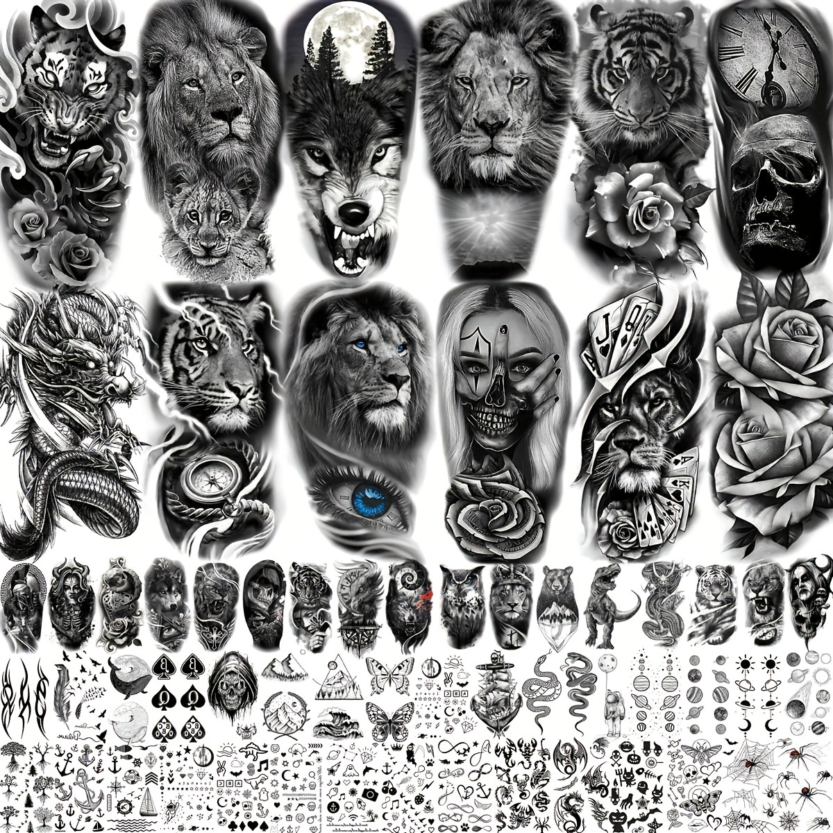 

61 Sheets Realistic Tiger Wolf Lion Temporary Tattoos For Women Men Arm Sleeve, 3d Halloween Temp Tattoos Adults Compass Black Rose Flower, Bulk Fake Tattoos That Look Real And Last Long
