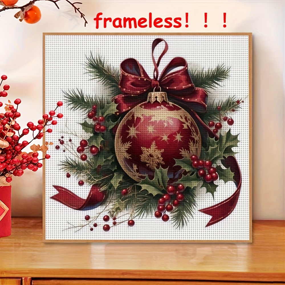 TEMU 1pc 11ct Frameless Diy Cross Stitch Kit- Bauble With Golden, Holly, Bow,suitable For Adults And Beginners To Relax, Handmade Embroidery Kit,