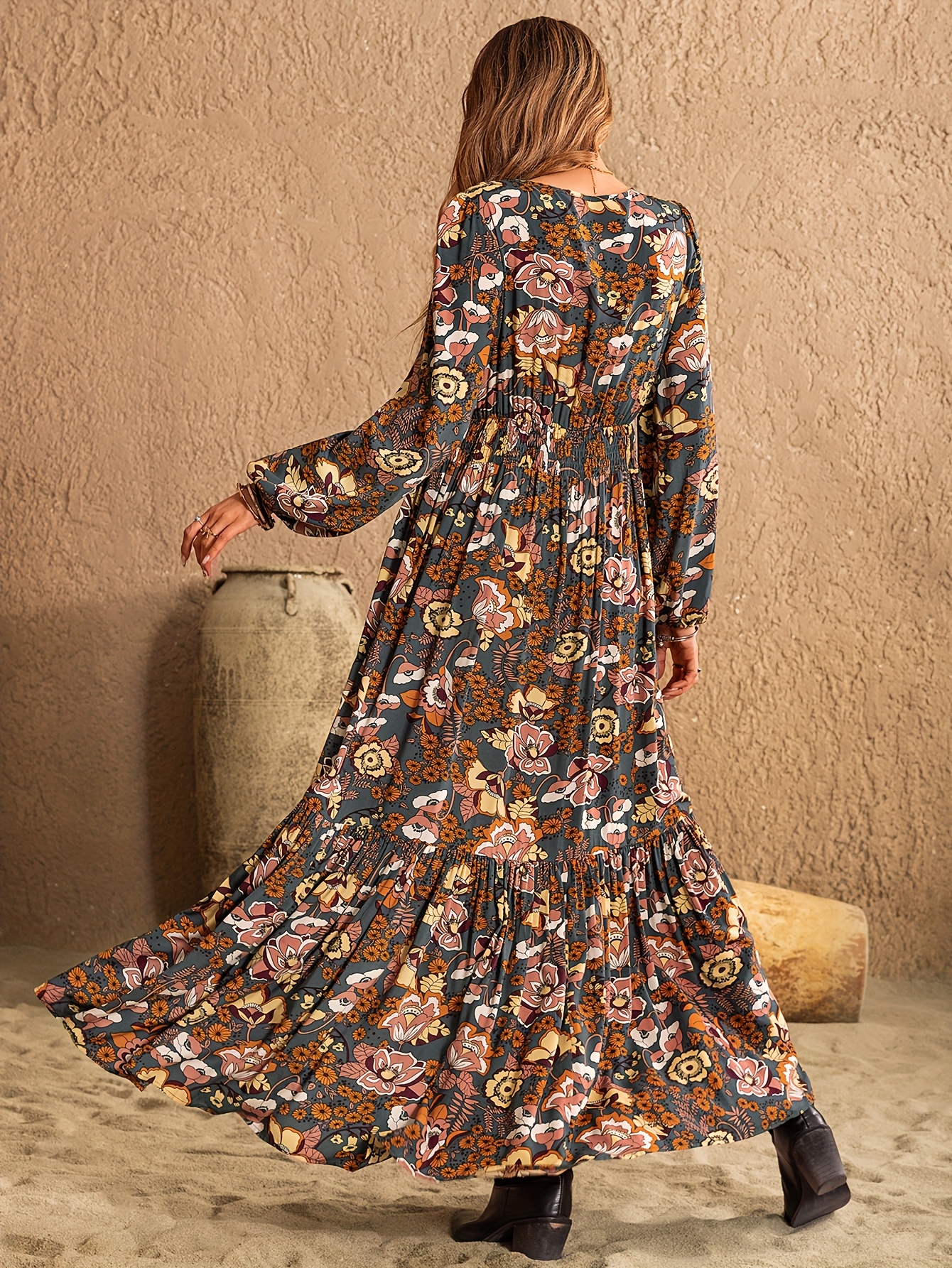 womens bohemian floral print v neck dress fitted long sleeve - Temu