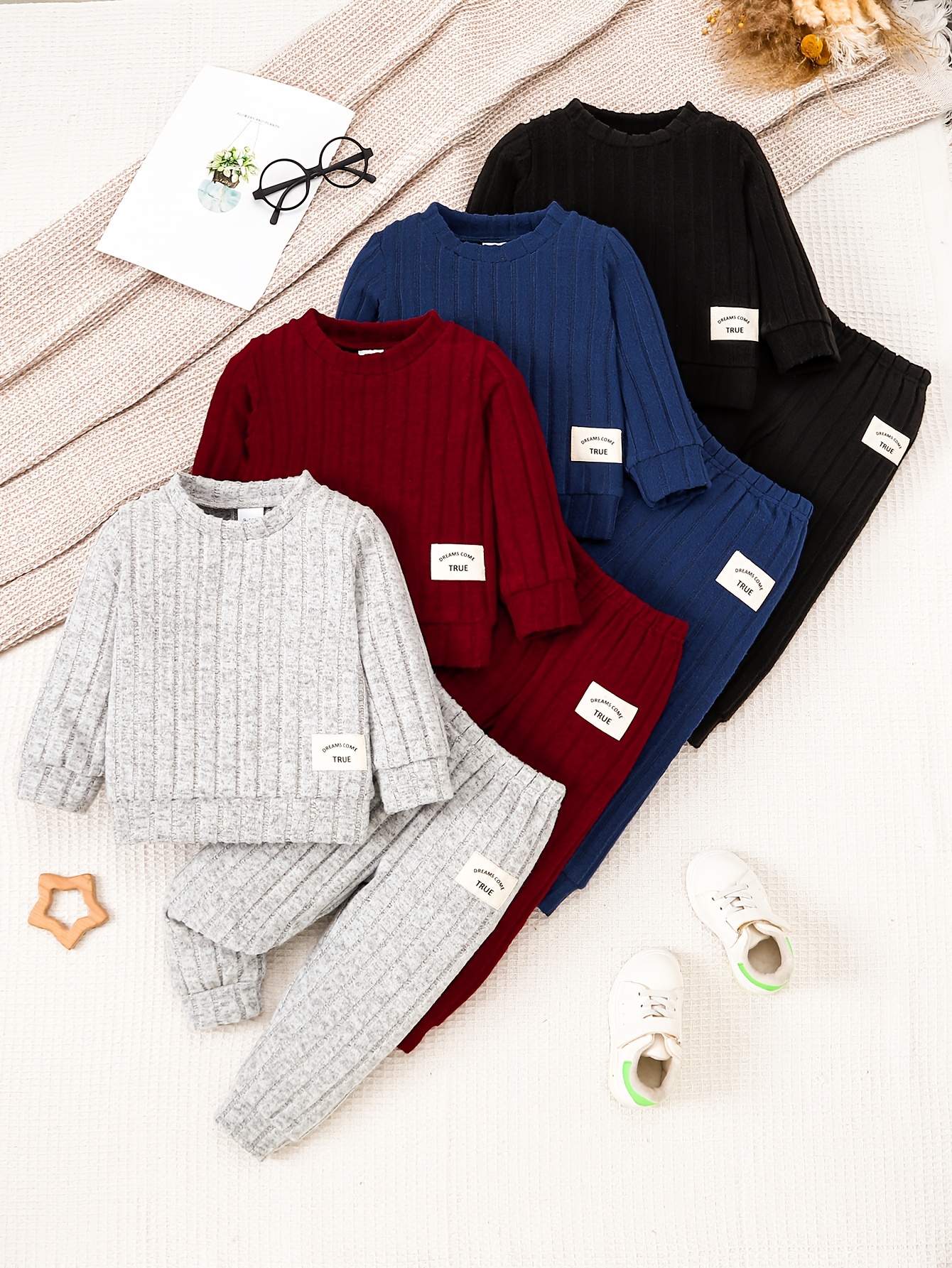 8pcs set for baby boys featuring a long sleeve round neck top and pants in a ribbed design for outdoor