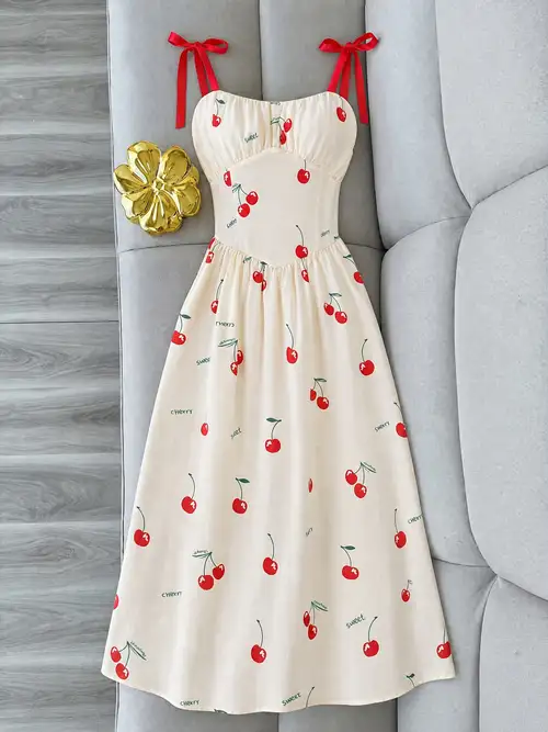 Women'S Fashion, Casual Wear, And Elegant Styles Featuring a Cherry-Dotted Printed Dress with a Strap Design * Neckline, Red Bow Tie Shoulder Straps, And a Fitted A-Line Silhouette * a Sweet And * Women'S Fashion, Casual Wear, And Elegant Styles Featuring a Cherry-Dotted Printed Dress with a Strap Design * Neckline, Red Bow Tie Shoulder Straps, And a Fitted A-Line Silhouette * a Sweet And *