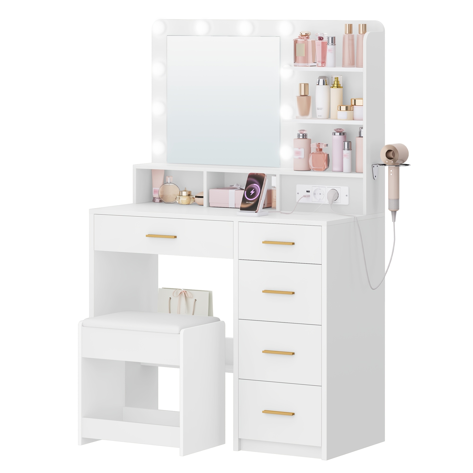Dressing Table, 3 Colors, Dressing Table With Large Mirror, Stool And Hairdryer Holder, Dressing Table With Drawers, White