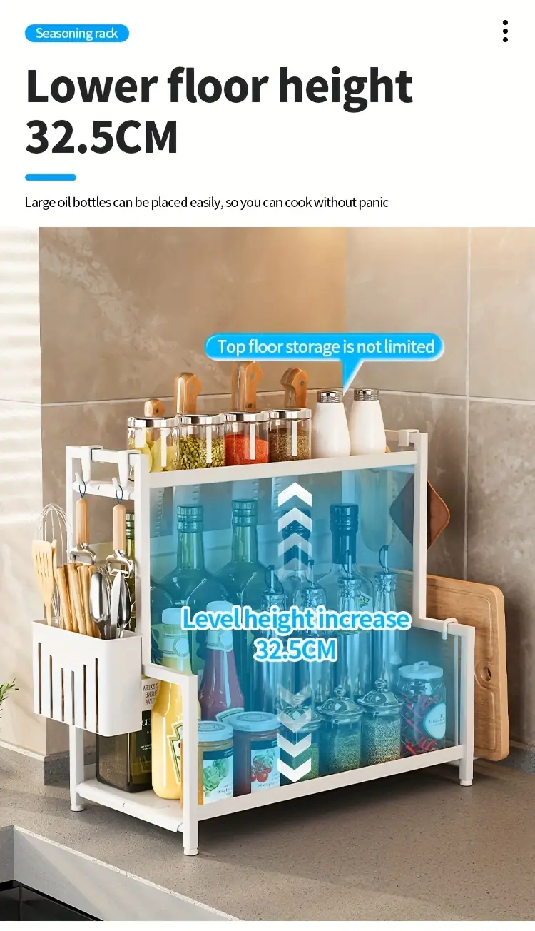 2 tier carbon steel spice rack organizer with utensil holder cutting board storage white metal kitchen countertop organizer for spices knives and cutting tools spices organizers and storage Product details 5